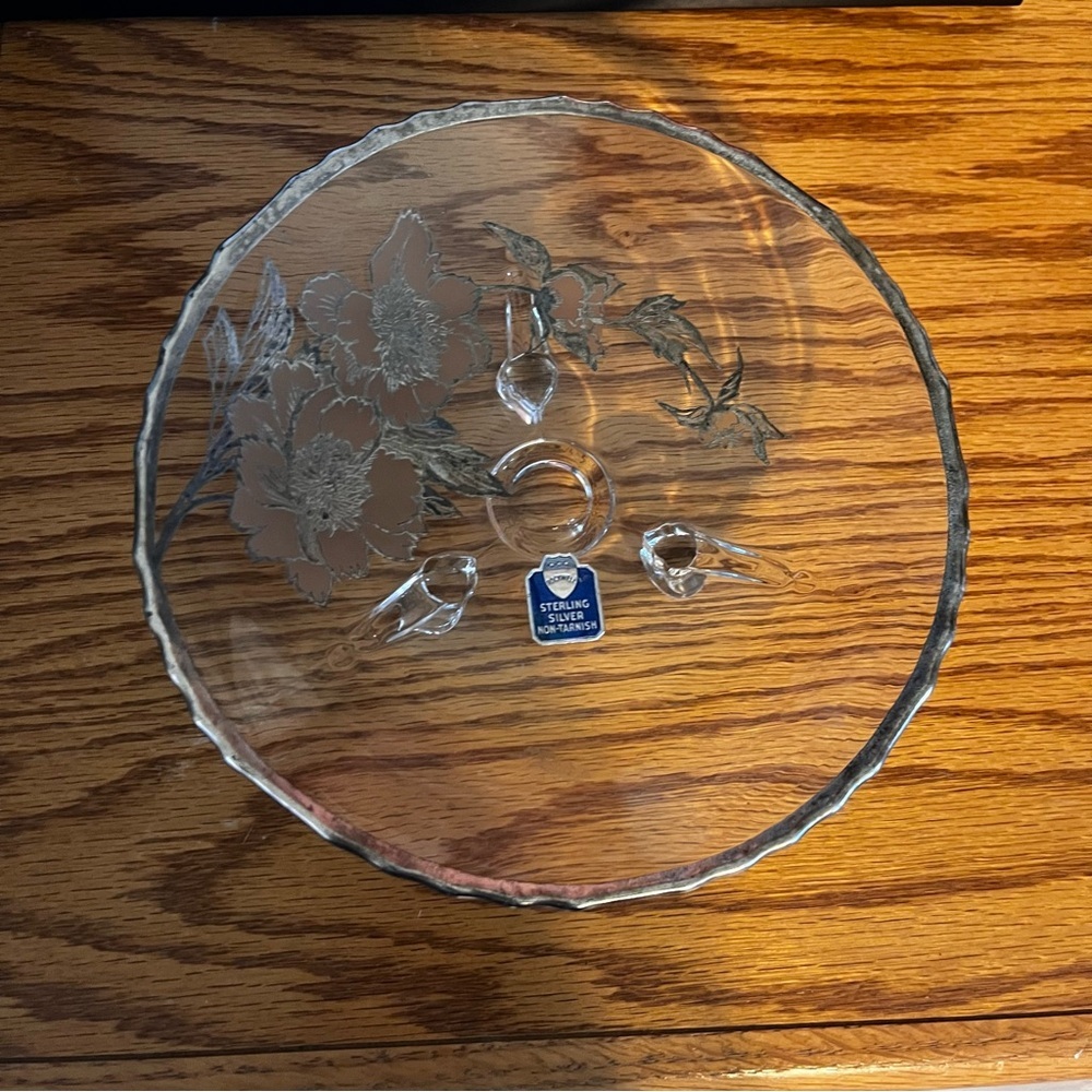 Rockwell Sterling Silver Overlay Floral Three Leg Plate With Label Unused 1950